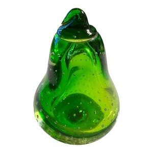 PAPERWEIGHT green pear hand blown bullicante bubbles.